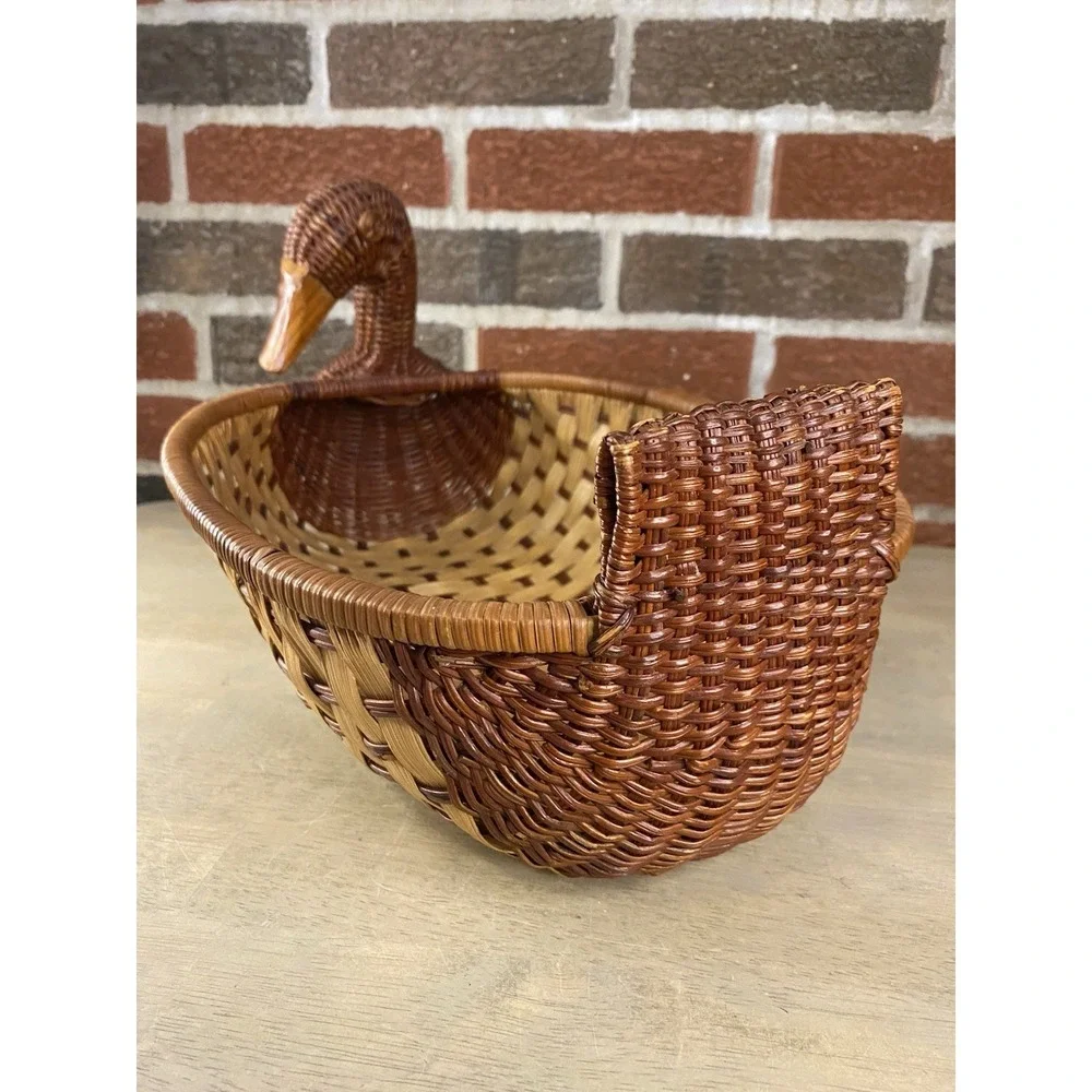 Vintage Duck Goose Basket with Wooden Beak Wicker Rattan Basket Boho
